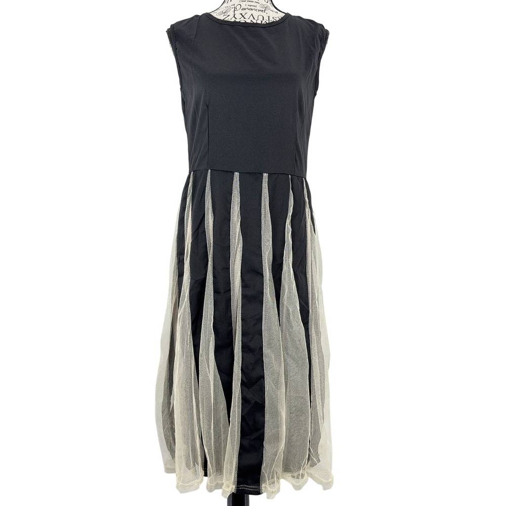 Vicabo‎ Tulle Striped Sheer Dress Women's Size Medium Black Midi Whimsigoth